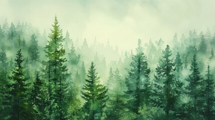 Fototapeta premium Green Forest Woods in Watercolor: Hand-Drawn Fir and Spruce Trees Creating a Calm Landscape Background Illustration