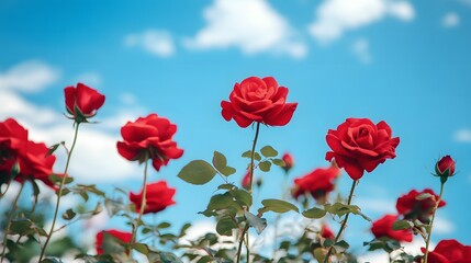 Obraz premium 青い空を背景に咲く赤いバラ