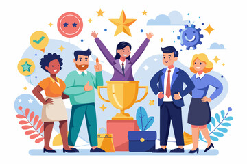 Employee engagement, commitment or motivation to success with company, staff dedication or job satisfaction, productivity or employee recognition, business people employee with stars and happy reward.