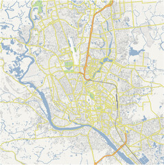Road map of Dhaka in Bangladesh. Contains layered vector with roads water, parks, etc.