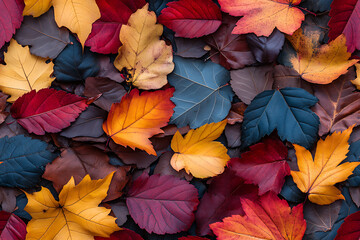 A collection of colorful autumn leaves in shades of red, orange, yellow, and dark blue, creating a vibrant seasonal pattern.
