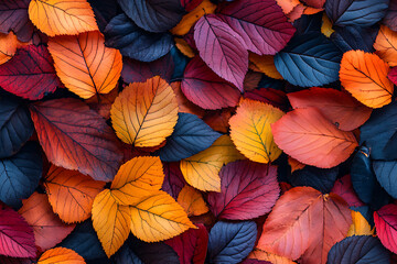 A collection of colorful autumn leaves in shades of red, orange, yellow, and dark blue, creating a vibrant seasonal pattern.
