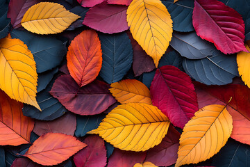 Fototapeta premium A collection of colorful autumn leaves in shades of red, orange, yellow, and dark blue, creating a vibrant seasonal pattern. 