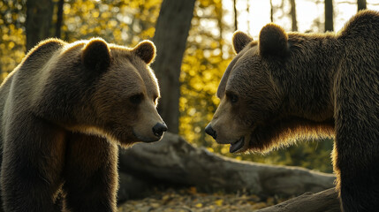 Obraz premium Bears from the Side in a Close-Up View at Late Afternoon, Showcasing Detailed Fur and Powerful Presence