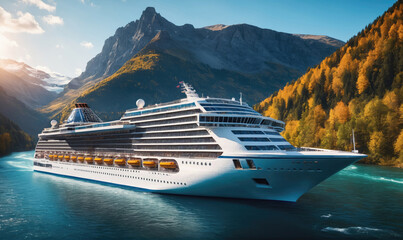A cruise ship sails through a stunning fjord surrounded by mountains and autumn foliage