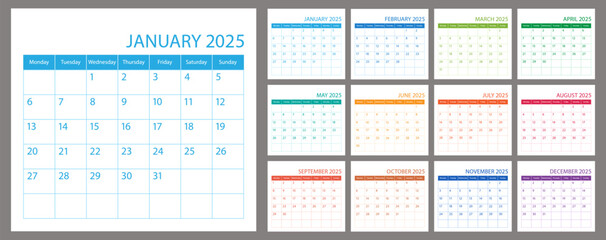 Calendar planner 2025, schedule month calender, organizer template. Week starts on Monday. Business personal page. Modern simple vector illustration