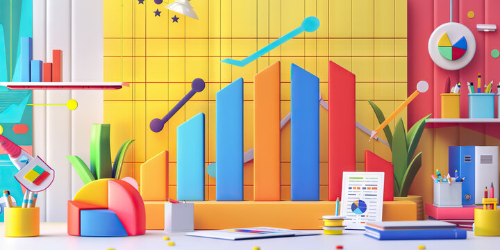 Bustling Bar Graphs: A vibrant display of sales figures, product lines, and market trends in a modern business setting.