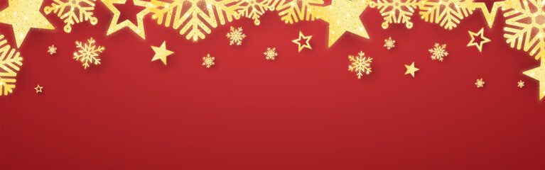 Christmas red background. Glowing gold elements. Bright snowflakes and stars. Holiday poster template. Realistic Xmas decoration. Decorative shining frame. Vector illustration.