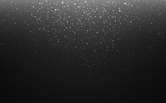Glitter silver on black background. Christmas particles texture. Glowing dust effect. Falling sparks for invitation, greeting card or poster. Luxury silver shimmer. Vector illustration.