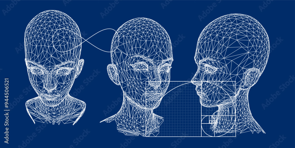 Poster collage of 3d heads made of mesh and golden section on dark background. illustration in techno futur