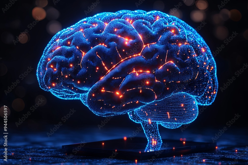 Poster a luminous blue brain model displays intricate neural connections, creating a captivating visual in 