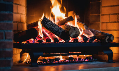A cozy fireplace with burning logs and embers, perfect for a chilly winter night