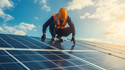 A technician using a drill to fasten solar panels to a roof frame, with solar arrays partially installed