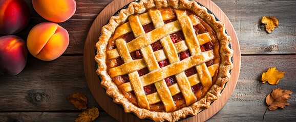 Homemade peach pie with a lattice crust on a wooden table with fall leaves.