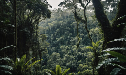 Fototapeta premium A dense rainforest canopy in the Amazon, with sunlight filtering through the leaves