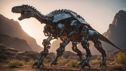 A stunning fusion of technology and nature, this robotic dinosaur roams a dramatic landscape, ideal for sci-fi, tech innovations, and futuristic design themes.