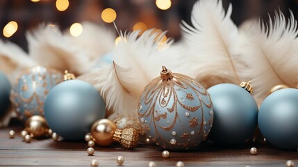 Festive Decorations with Ostrich Feathers. Premium Pastel Blue and Gold Christmas Background.