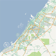 Road map of Dubai in United Arab Emirates. Contains layered vector with roads water, parks, etc.