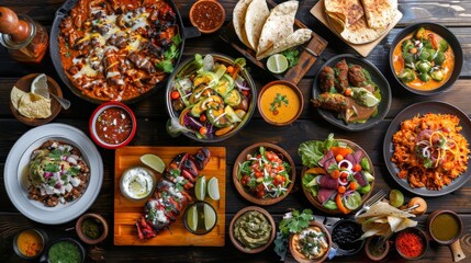 Fototapeta premium Mexican Food Platter with various dishes, sauces, and drinks.