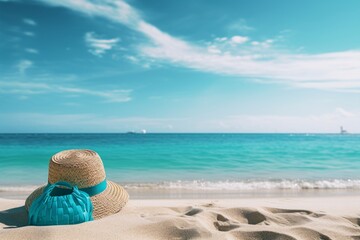 Straw bag and hat on the beach with blue sea and sky background. Beach scene with turquoise water, nice ocean waves, and colorful beach accessories.
