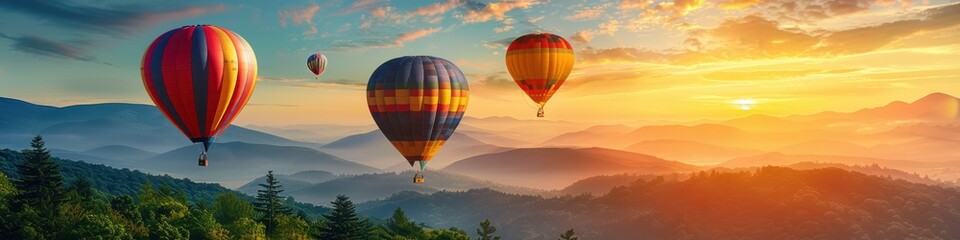 Fototapeta premium Vibrant hot air balloons floating in a clear blue sky over a colorful, blossoming field. Free copy space for banner.