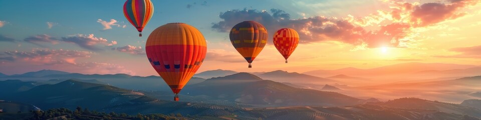 Obraz premium Vibrant hot air balloons floating in a clear blue sky over a colorful, blossoming field. Free copy space for banner.