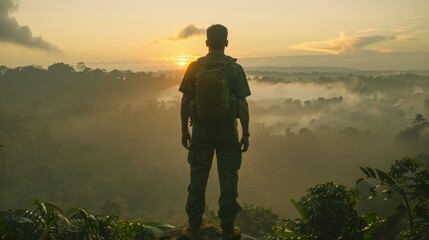 Man looking at sunrise over a misty jungle.
