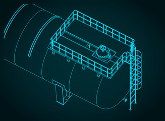 Large horizontal storage tank isometric blueprint close up