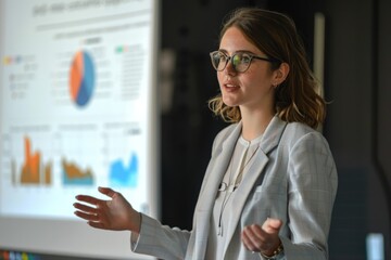 A Business woman is giving a presentation on statistics