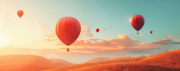 Obraz premium Vibrant hot air balloons floating in a clear blue sky over a colorful, blossoming field. Free copy space for banner.