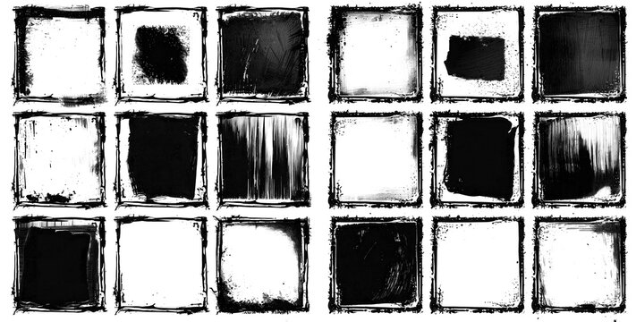 Set brush strokes frame with black grunge square borders for images. Collection of black grunge ink sketch frames. Rough textures on white background