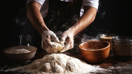 Fototapeta premium Hands skillfully knead dough, surrounded by bowls of flour and grains, creating an atmosphere of warmth and culinary passion in a charming kitchen.