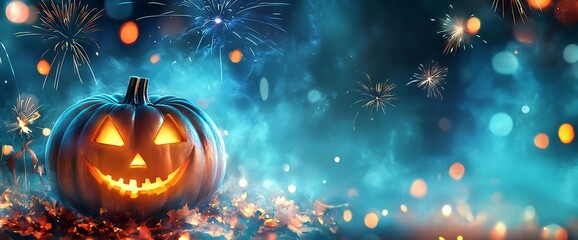 Jack-o'-lantern with glowing eyes on a dark blue background with a blurry festive display of fireworks and sparkling lights.
