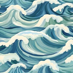 96. **Generate a seamless pattern of charming, hand-painted ocean waves in soothing blues and greens.**