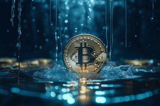 Bitcoin coin with water splash. Bitcoin ETF coin with space for text. Bitcoin cryptocurrency gold BTC. Close-up of Bitcoin coins underwater at the bottom. Blockchain technology