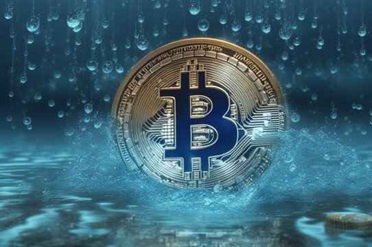 Bitcoin coin with water splash. Bitcoin ETF coin with space for text. Bitcoin cryptocurrency gold BTC. Close-up of Bitcoin coins underwater at the bottom. Blockchain technology