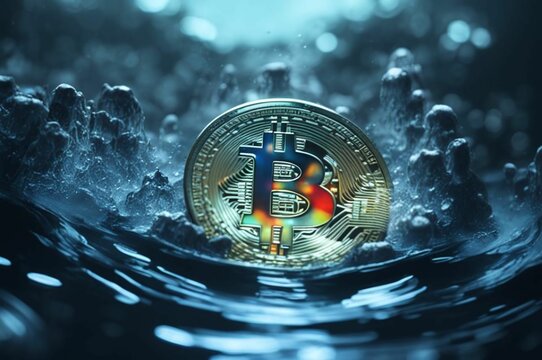 Bitcoin coin with splash of water background. Bitcoin ETF coin with space for text on a background. Bitcoin crypto currency gold BTC. Close up of Bitcoin coins isolated. Blockchain technology
