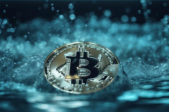 Bitcoin coin with splash of water background. Bitcoin ETF coin with space for text on a background. Bitcoin crypto currency gold BTC. Close up of Bitcoin coins isolated. Blockchain technology
