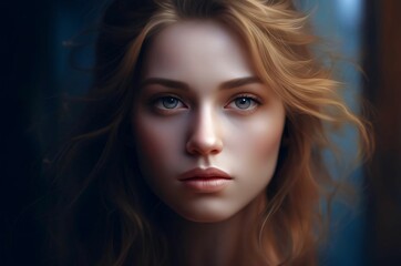 Beautiful pretty dirty blonde sexy girl with make up close up face dark background. Beauty portrait of a beautiful young woman on a dark background. Feminine beauty. Radiant skin