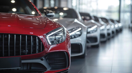 Obraz premium Luxury cars lineup in a showroom, with emphasis on the red car in the front. The background is blurred, highlighting the cars. Concept of luxury, individuality, discrimination