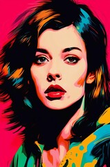 Fototapeta premium Painting of a woman with colorful hair and a colorful face. Portrait of a beautiful young woman with colorful hair. Rainbow image girl. Vibrant CMYK Illustration. Poster print