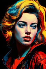Fototapeta premium Painting of a woman with colorful hair and a colorful face. Portrait of a beautiful young woman with colorful hair. Rainbow image girl. Vibrant CMYK Illustration. Poster print