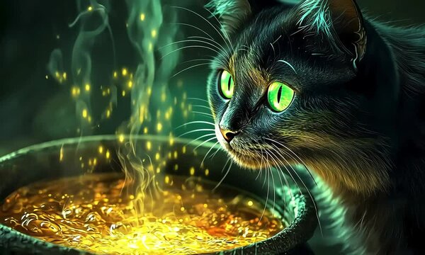 Black cat with glowing green eyes by a magical cauldron with ai generated.
