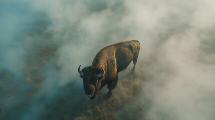 Obraz premium Bison from Above in a Wide-Angle View with Early Morning Fog, Capturing Detailed Features and Atmospheric Setting