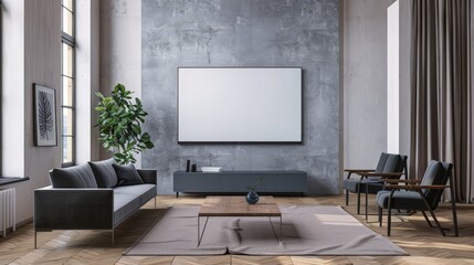 Modern living room with large blank canvas.