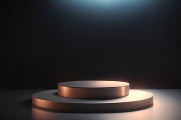 Empty round black and gold platform podium on black background. Minimal creative composition background for cosmetics or products presentation. Cylinder podium on black background. Mock up