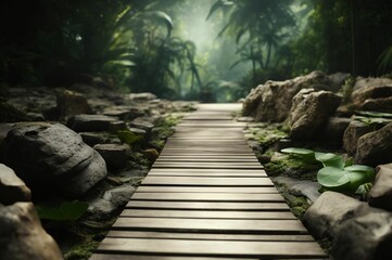Wooden bridge in the forest. Hidden jungle path leading through thick foliage and a wooden path in jungle. Nature composition