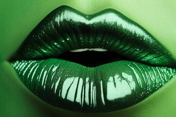 Green lips isolated on a plain background, luxury glamor art, mouth cut, green lips. Green makeup. Colorful sexy lips, green art. High fashion glamor and beauty trend
