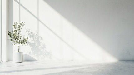 Obraz premium Sunlight streaming through large windows onto a minimalistic interior with a potted plant during the day
