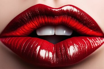 Obraz premium Red lips isolated on a plain background, luxury glamor art, mouth cut, red lips. Red makeup. Colorful sexy lips, red art. High fashion glamor and beauty trend